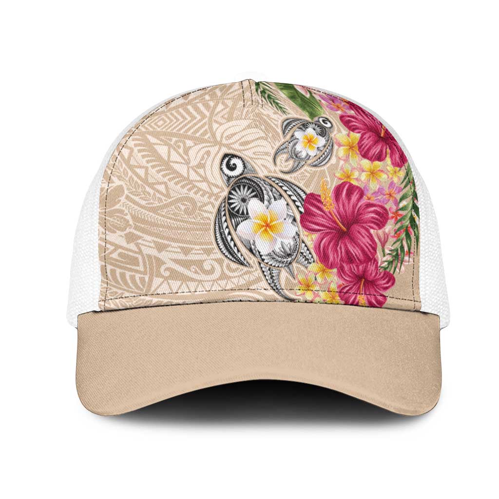Hawaiian Tropical Flowers and Tribal Turtles Mesh Trucker Cap Polynesian Art Motifs Beige Color - Polynesian Pride