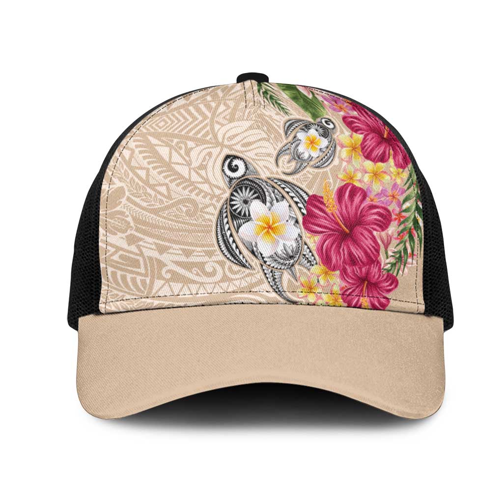 Hawaiian Tropical Flowers and Tribal Turtles Mesh Trucker Cap Polynesian Art Motifs Beige Color LT03 One Size Black Beige - Polynesian Pride