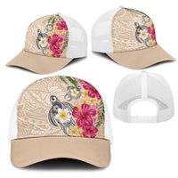 Hawaiian Tropical Flowers and Tribal Turtles Mesh Trucker Cap Polynesian Art Motifs Beige Color LT03 - Polynesian Pride