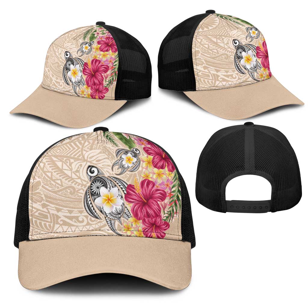 Hawaiian Tropical Flowers and Tribal Turtles Mesh Trucker Cap Polynesian Art Motifs Beige Color LT03 - Polynesian Pride