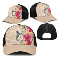 Hawaiian Tropical Flowers and Tribal Turtles Mesh Trucker Cap Polynesian Art Motifs Beige Color LT03 - Polynesian Pride