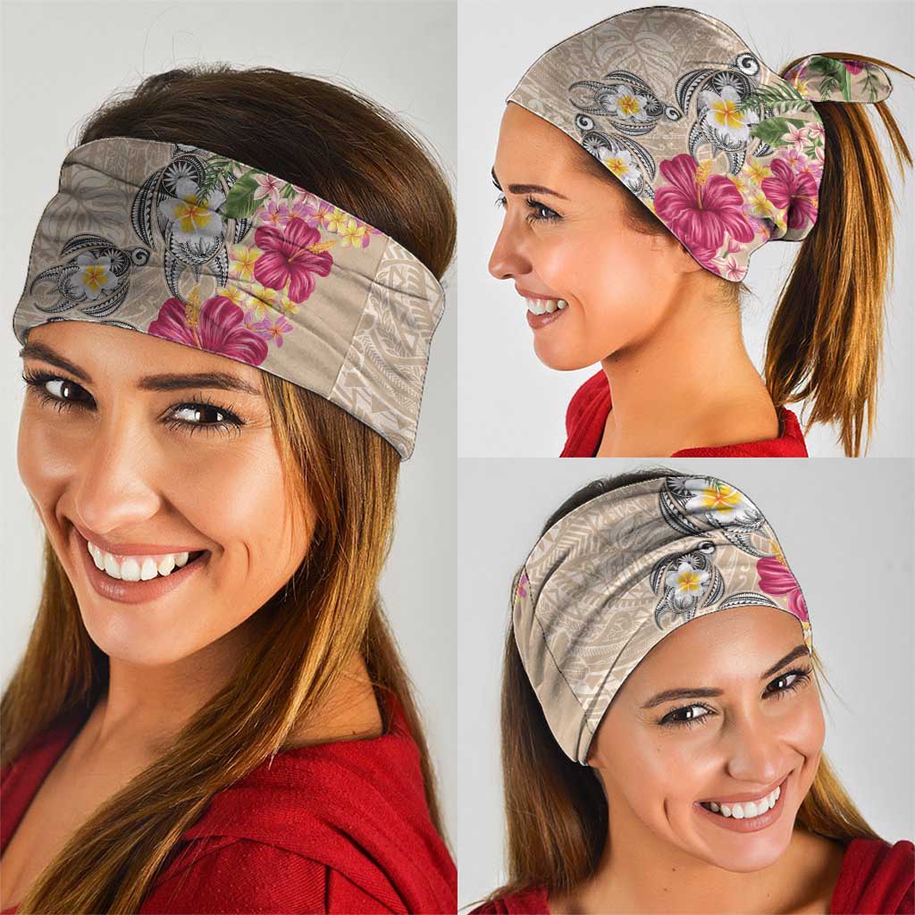 Hawaiian Tropical Flowers and Tribal Turtles Neck Gaiter Polynesian Art Motifs Beige Color LT03 - Polynesian Pride