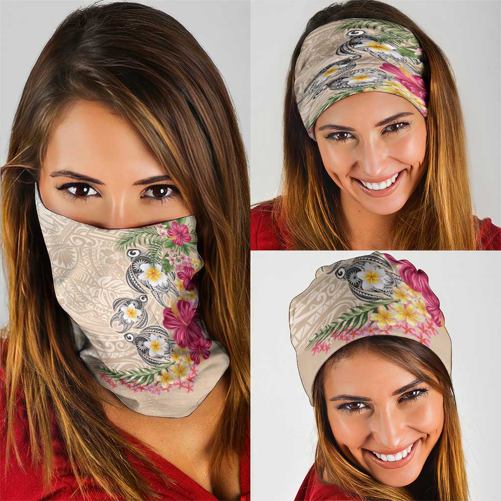 Hawaiian Tropical Flowers and Tribal Turtles Neck Gaiter Polynesian Art Motifs Beige Color LT03 - Polynesian Pride