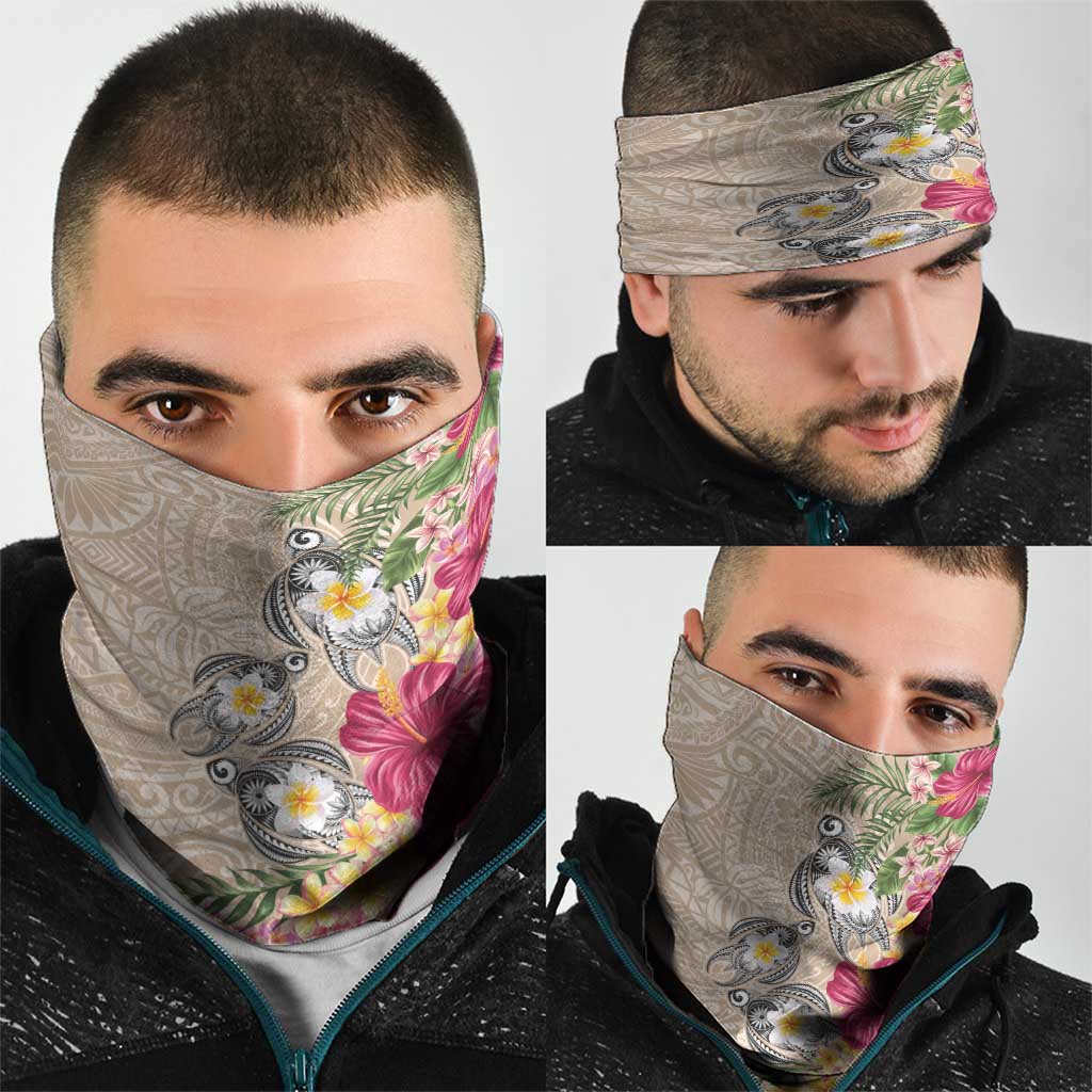 Hawaiian Tropical Flowers and Tribal Turtles Neck Gaiter Polynesian Art Motifs Beige Color LT03 - Polynesian Pride