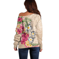 Hawaiian Tropical Flowers and Tribal Turtles Off Shoulder Sweater Polynesian Art Motifs Beige Color LT03 - Polynesian Pride