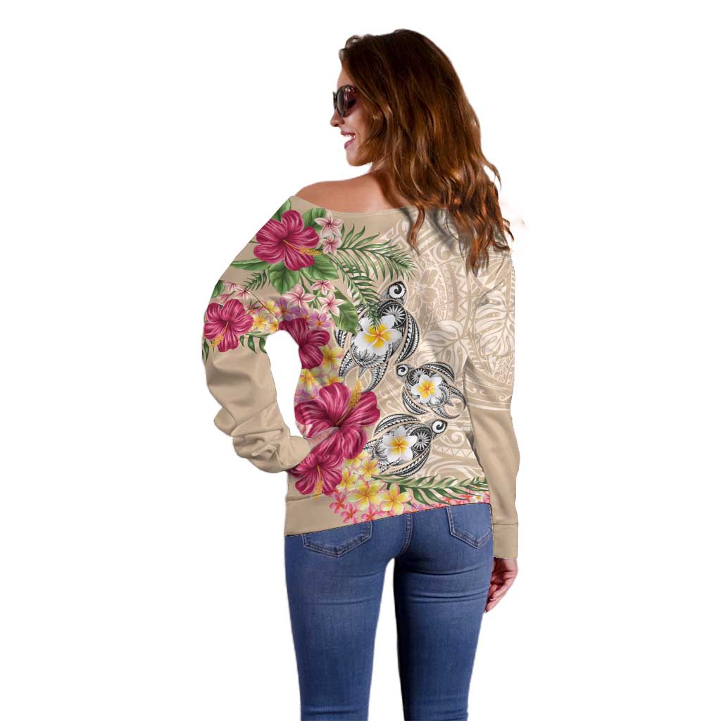 Hawaiian Tropical Flowers and Tribal Turtles Off Shoulder Sweater Polynesian Art Motifs Beige Color LT03 - Polynesian Pride