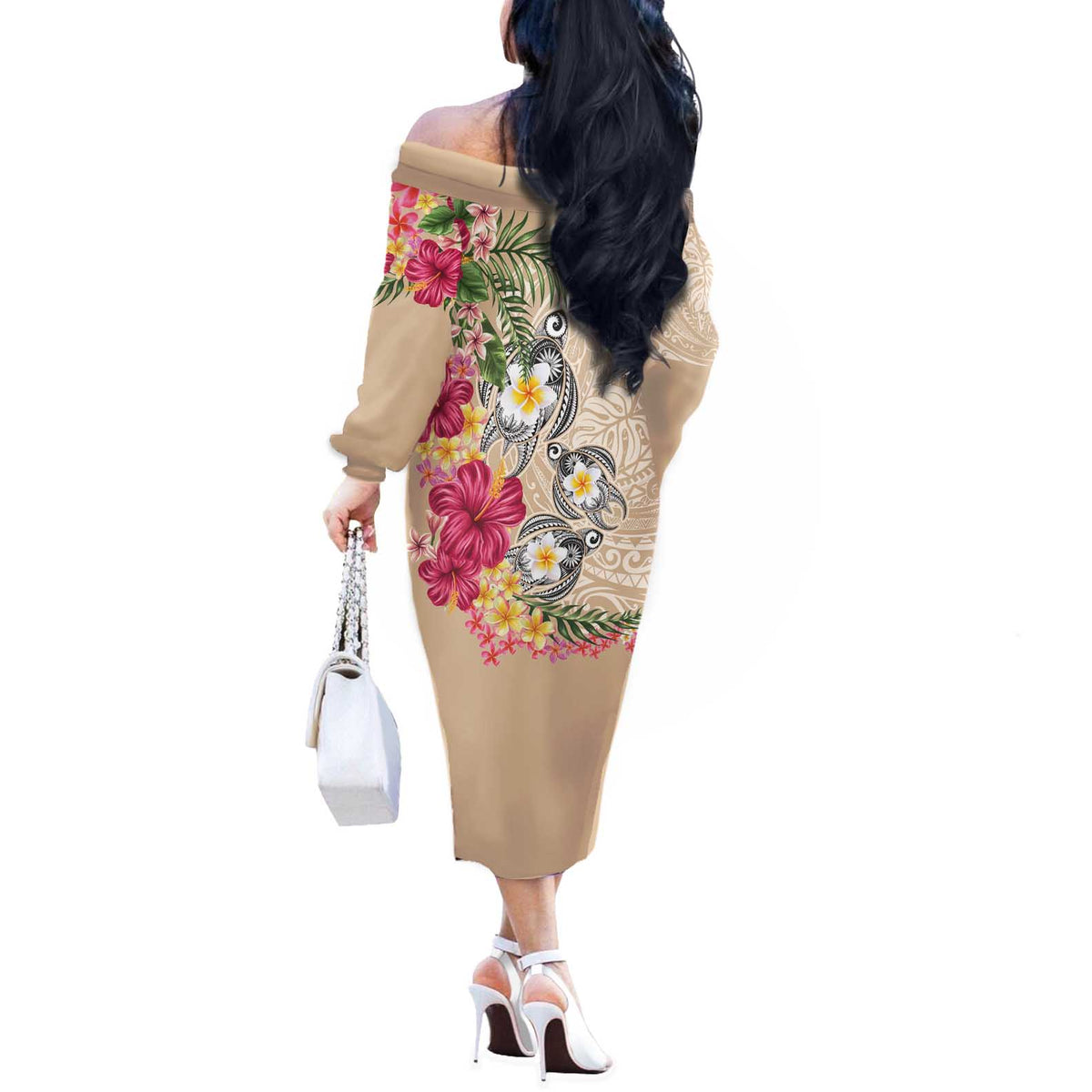 Hawaiian Tropical Flowers and Tribal Turtles Off The Shoulder Long Sleeve Dress Polynesian Art Motifs Beige Color LT03 - Polynesian Pride