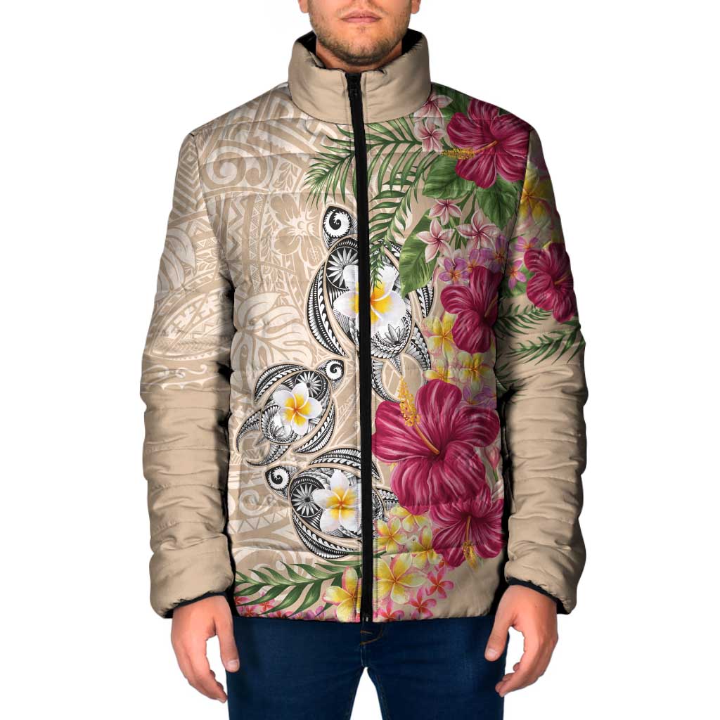 Hawaiian Tropical Flowers and Tribal Turtles Padded Jacket Polynesian Art Motifs Beige Color LT03 Men Beige - Polynesian Pride