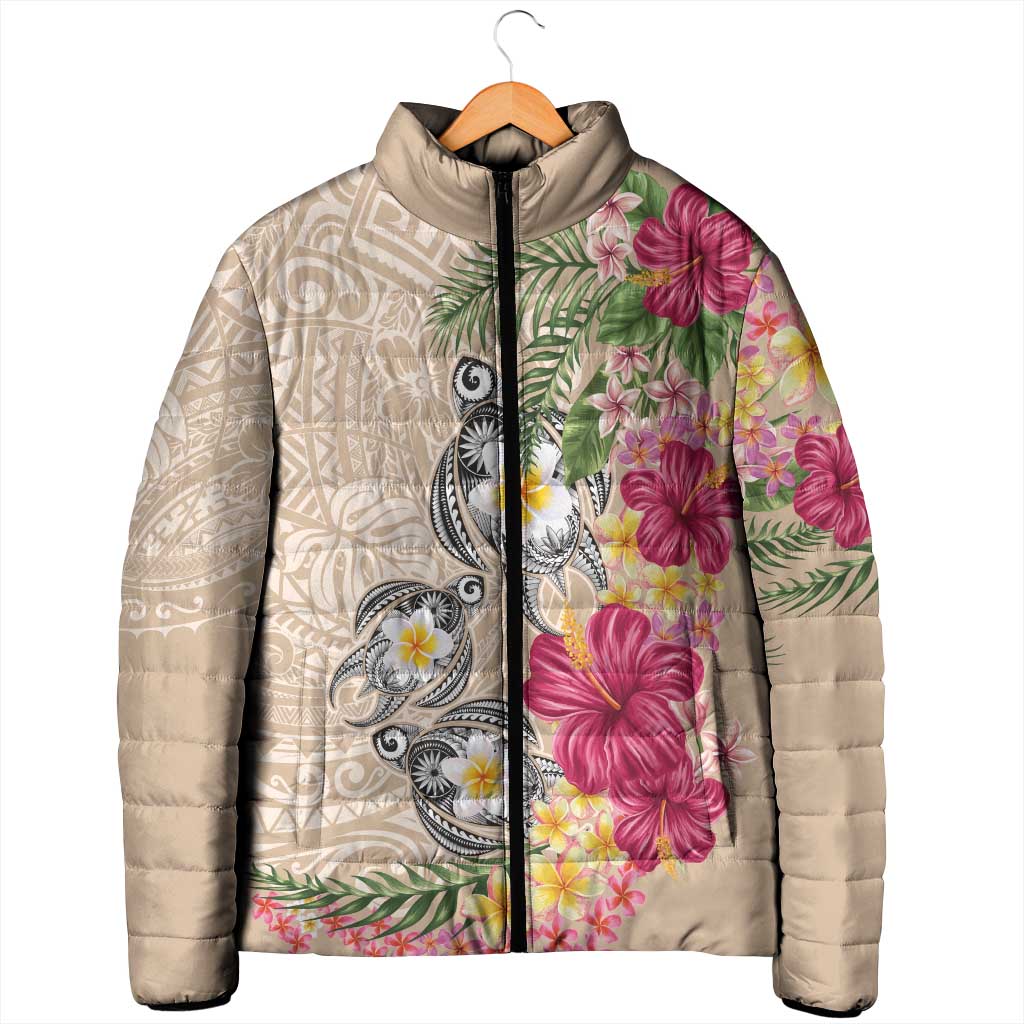 Hawaiian Tropical Flowers and Tribal Turtles Padded Jacket Polynesian Art Motifs Beige Color LT03 - Polynesian Pride