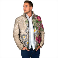 Hawaiian Tropical Flowers and Tribal Turtles Padded Jacket Polynesian Art Motifs Beige Color LT03 - Polynesian Pride