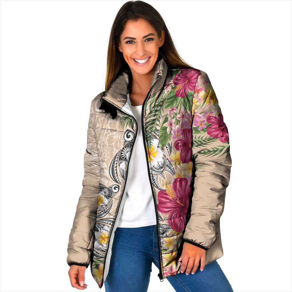 Hawaiian Tropical Flowers and Tribal Turtles Padded Jacket Polynesian Art Motifs Beige Color LT03 Women Beige - Polynesian Pride