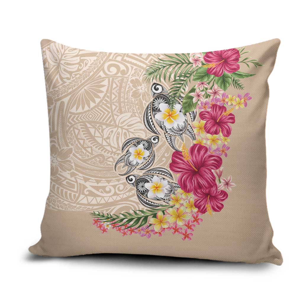 Hawaiian Tropical Flowers and Tribal Turtles Pillow Cover Polynesian Art Motifs Beige Color LT03 Beige - Polynesian Pride