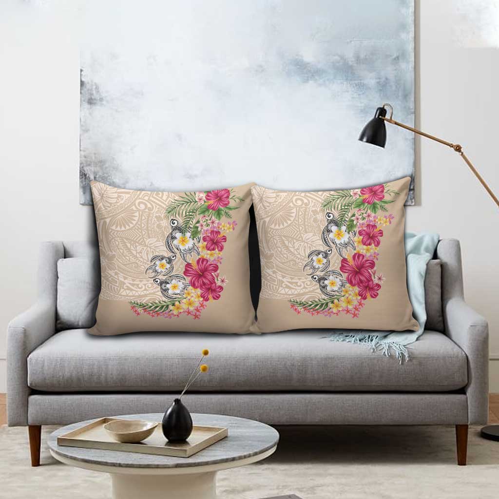 Hawaiian Tropical Flowers and Tribal Turtles Pillow Cover Polynesian Art Motifs Beige Color LT03 - Polynesian Pride