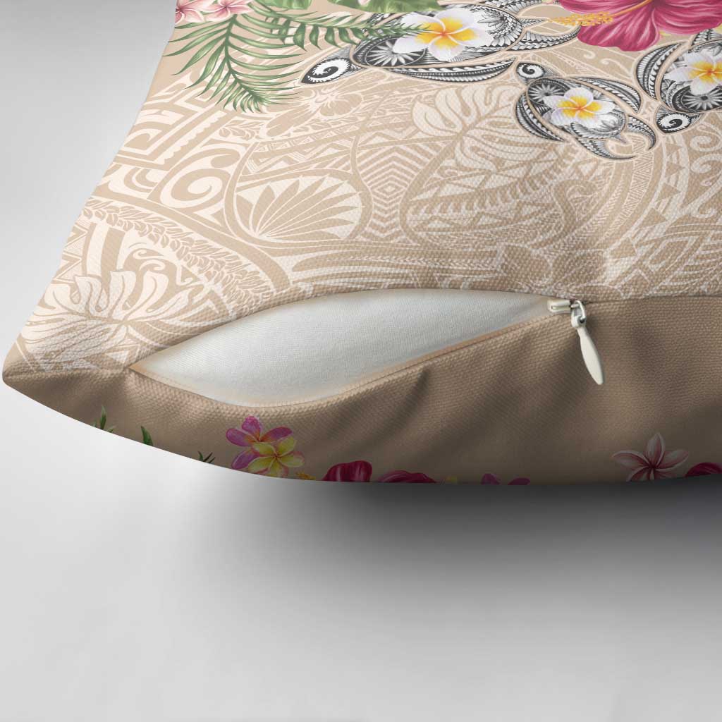 Hawaiian Tropical Flowers and Tribal Turtles Pillow Cover Polynesian Art Motifs Beige Color LT03 - Polynesian Pride