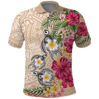 Hawaiian Tropical Flowers and Tribal Turtles Polo Shirt Polynesian Art Motifs Beige Color LT03 Beige - Polynesian Pride