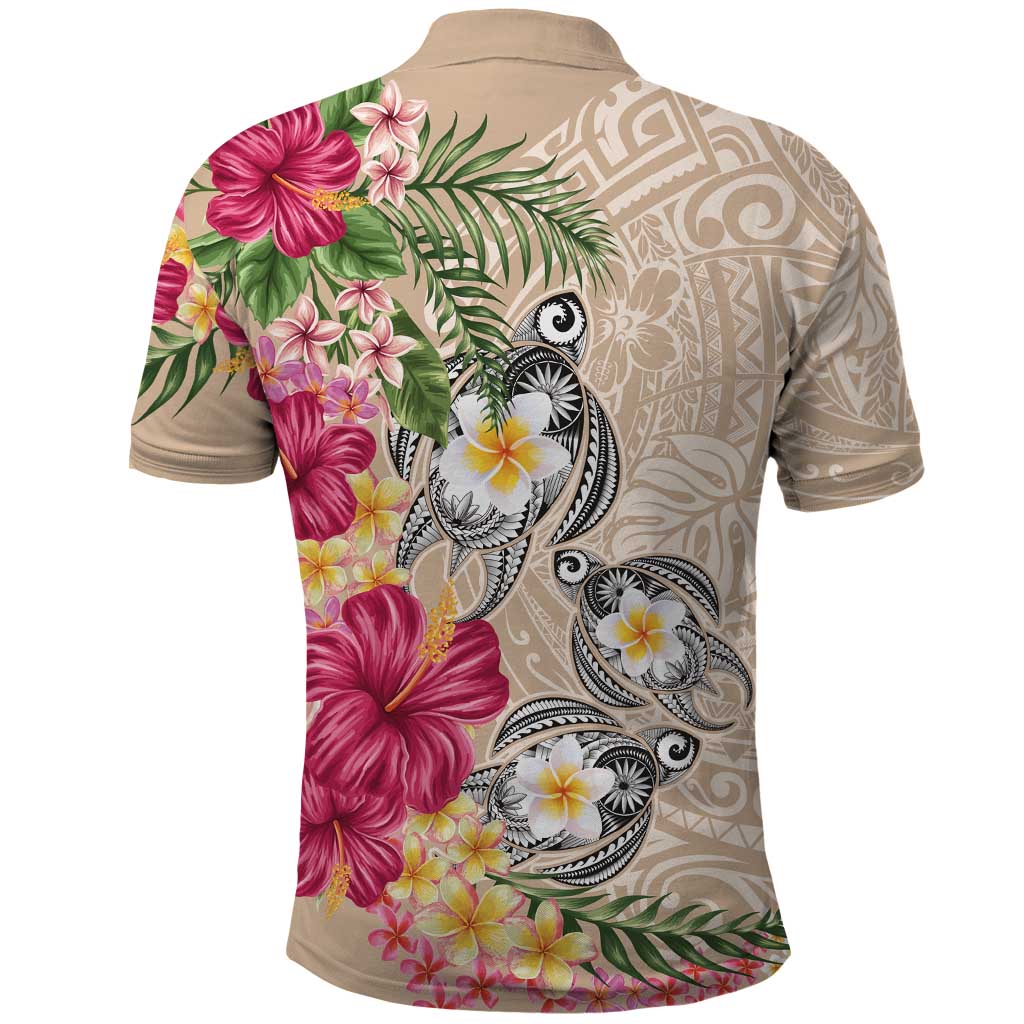 Hawaiian Tropical Flowers and Tribal Turtles Polo Shirt Polynesian Art Motifs Beige Color LT03 - Polynesian Pride