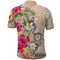 Hawaiian Tropical Flowers and Tribal Turtles Polo Shirt Polynesian Art Motifs Beige Color LT03 - Polynesian Pride