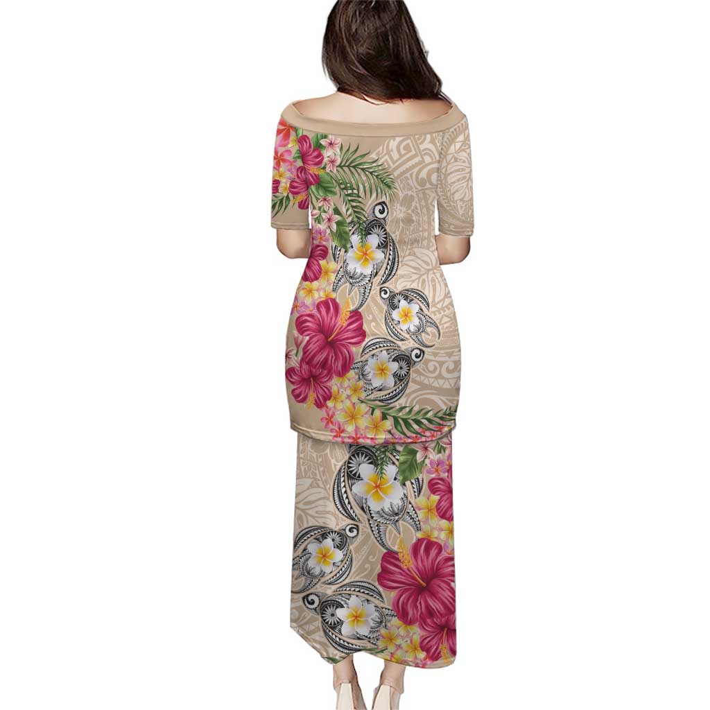 Hawaiian Tropical Flowers and Tribal Turtles Puletasi Polynesian Art Motifs Beige Color LT03 - Polynesian Pride
