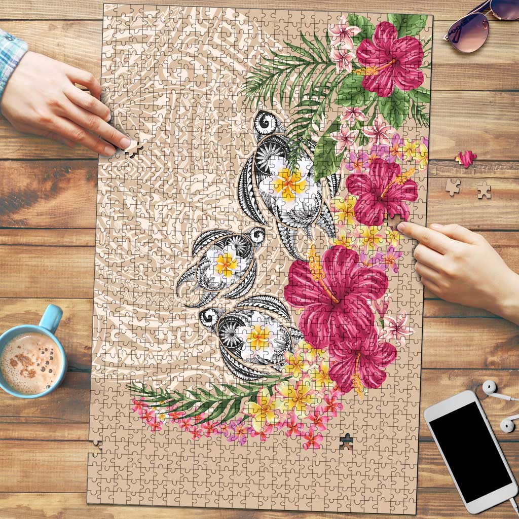 Hawaiian Tropical Flowers and Tribal Turtles Puzzle Polynesian Art Motifs Beige Color LT03 Beige - Polynesian Pride