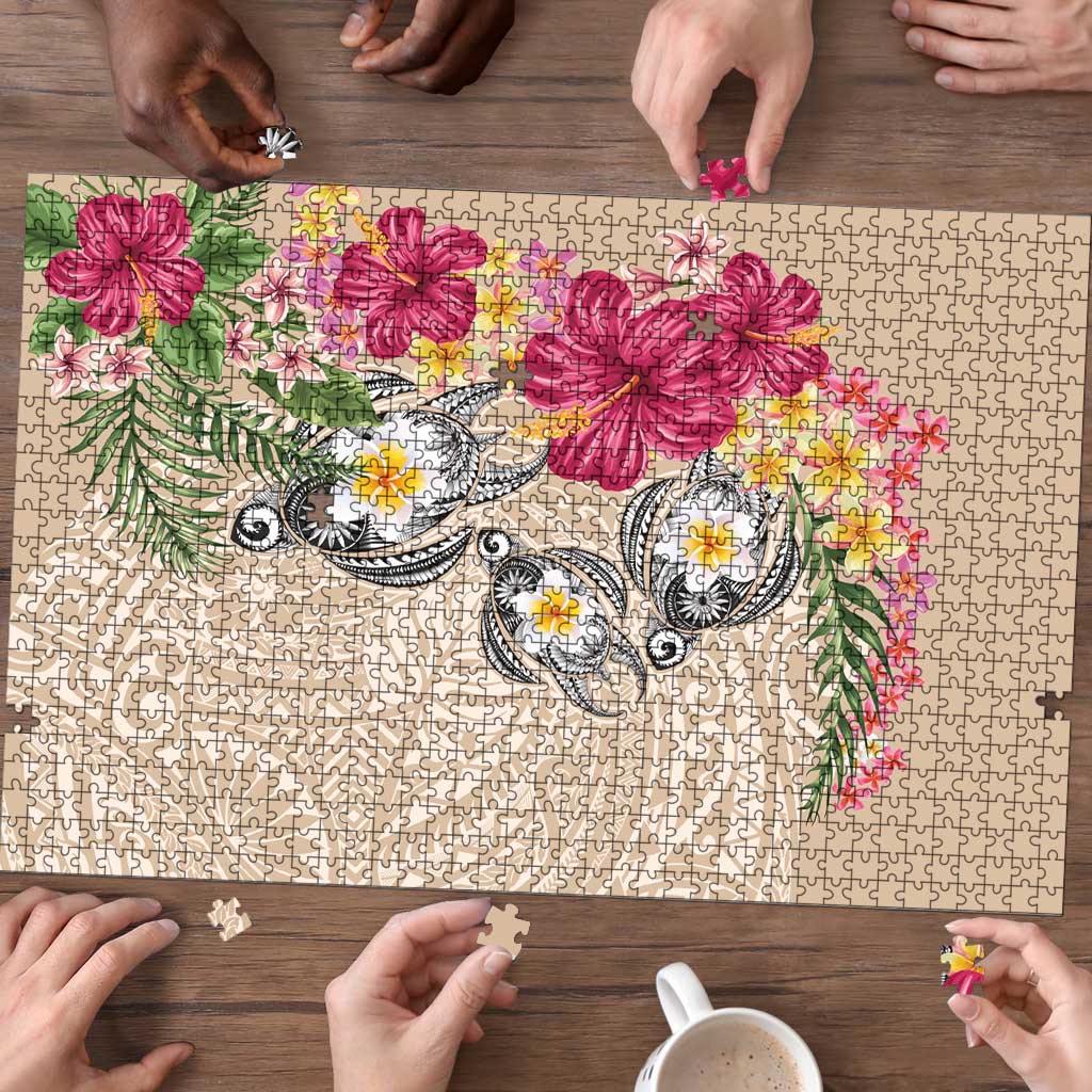 Hawaiian Tropical Flowers and Tribal Turtles Puzzle Polynesian Art Motifs Beige Color LT03 - Polynesian Pride