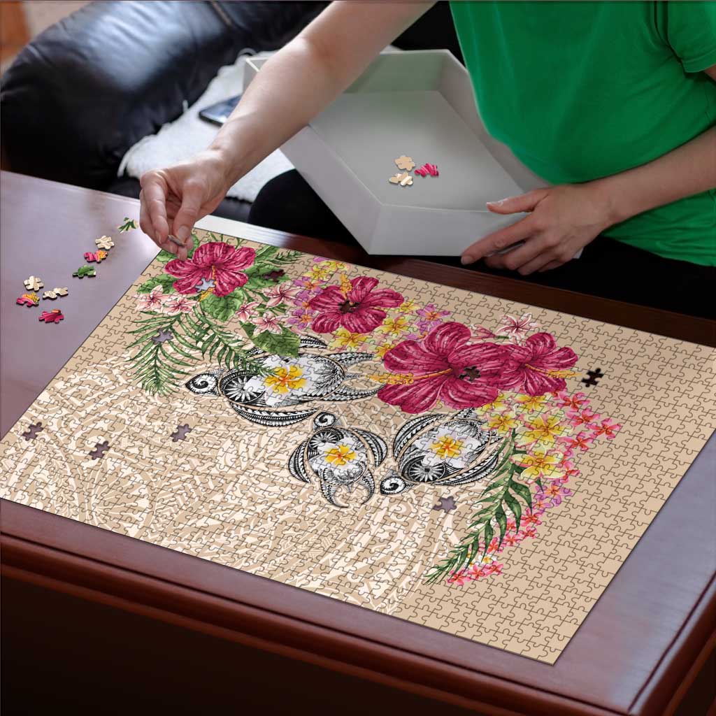 Hawaiian Tropical Flowers and Tribal Turtles Puzzle Polynesian Art Motifs Beige Color LT03 - Polynesian Pride