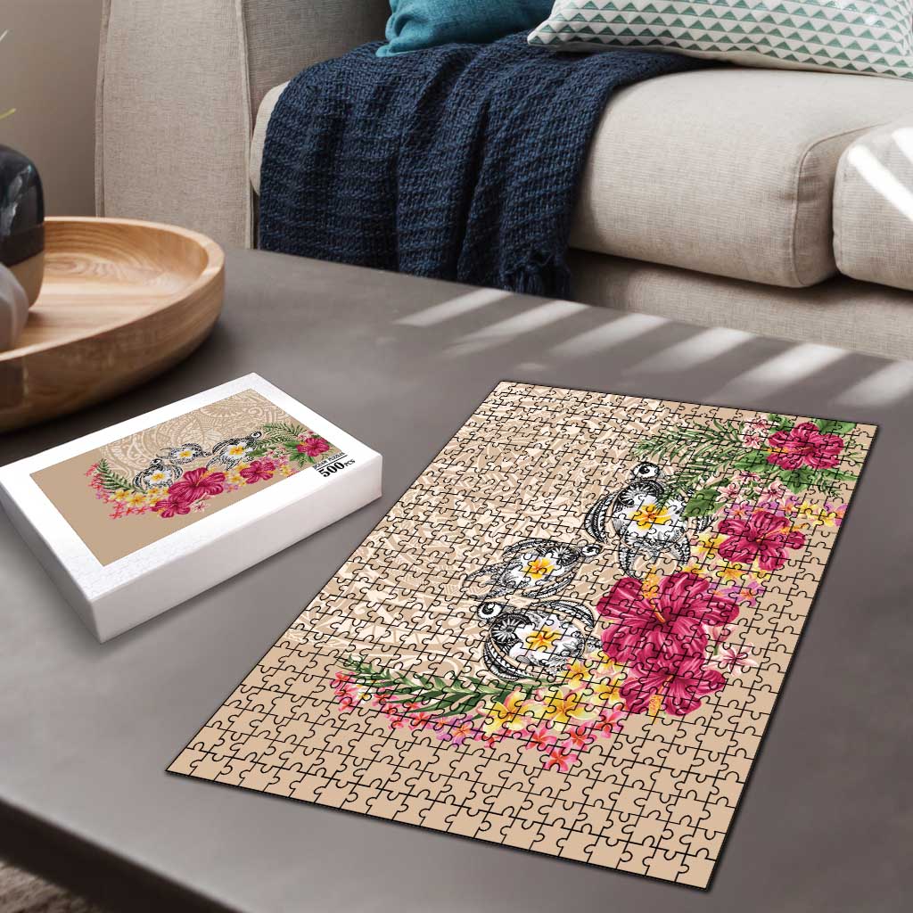 Hawaiian Tropical Flowers and Tribal Turtles Puzzle Polynesian Art Motifs Beige Color LT03 - Polynesian Pride