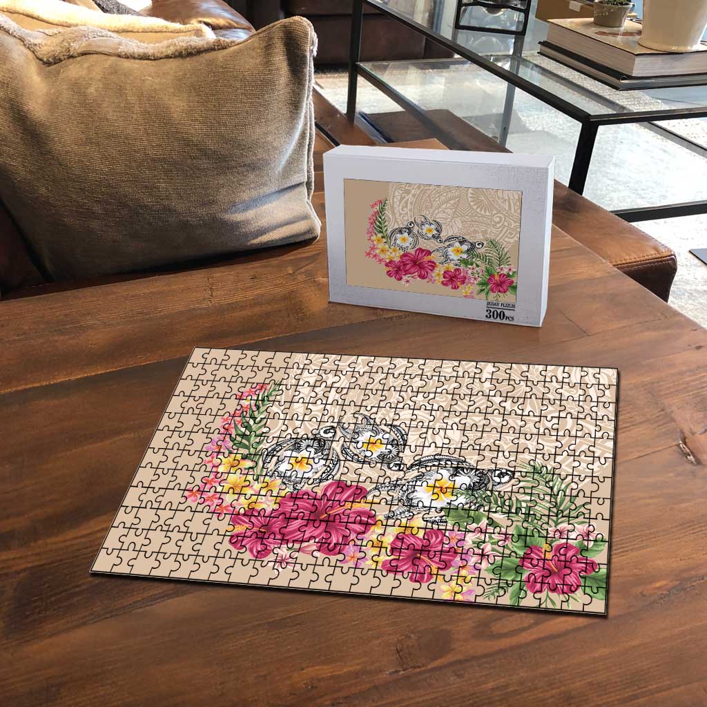 Hawaiian Tropical Flowers and Tribal Turtles Puzzle Polynesian Art Motifs Beige Color LT03 - Polynesian Pride