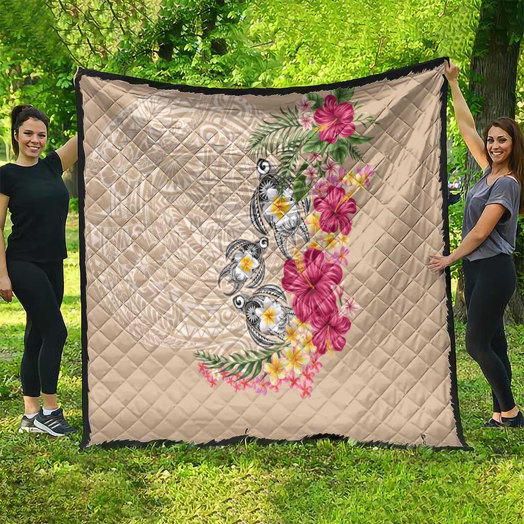 Hawaiian Tropical Flowers and Tribal Turtles Quilt Polynesian Art Motifs Beige Color LT03 - Polynesian Pride