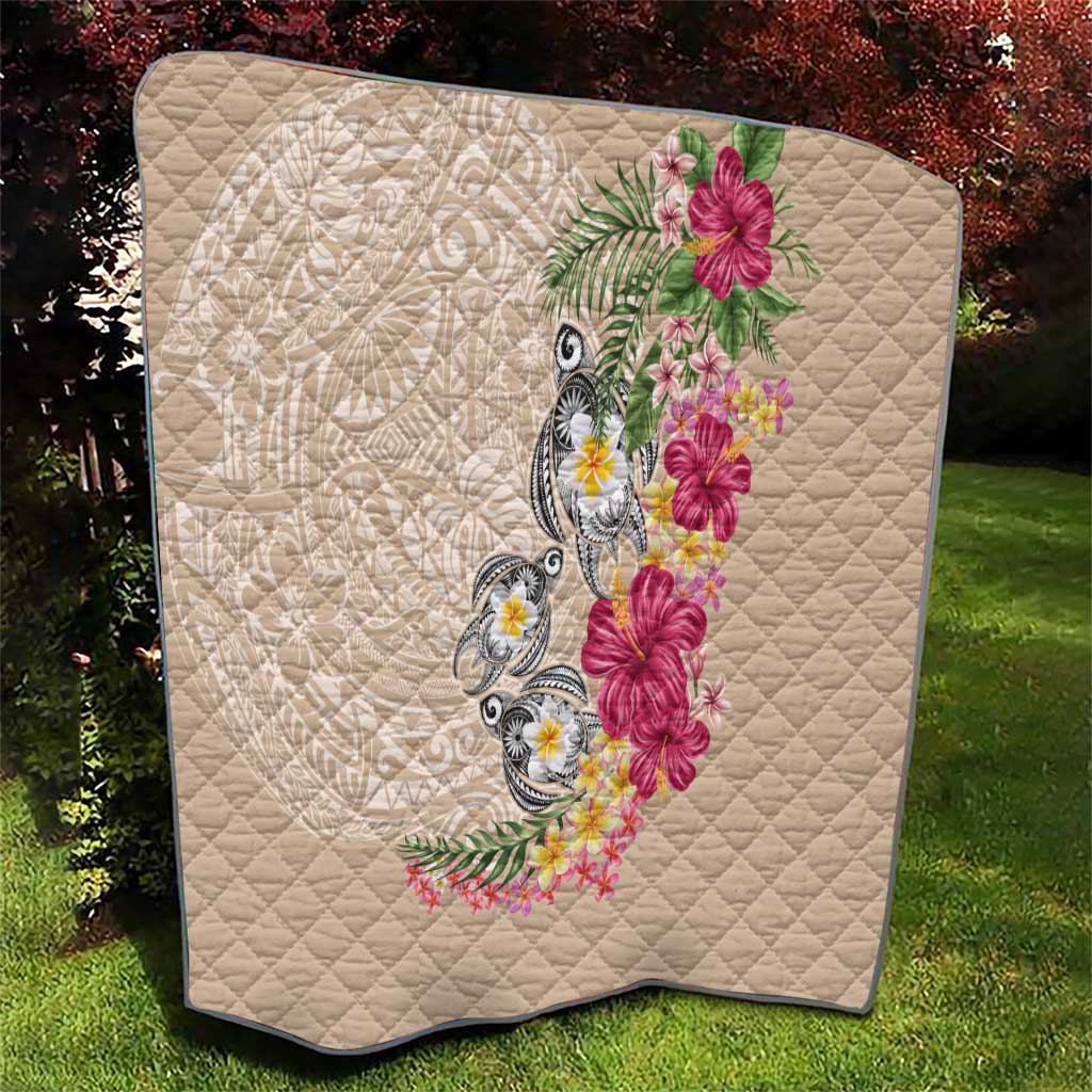 Hawaiian Tropical Flowers and Tribal Turtles Quilt Polynesian Art Motifs Beige Color LT03 - Polynesian Pride