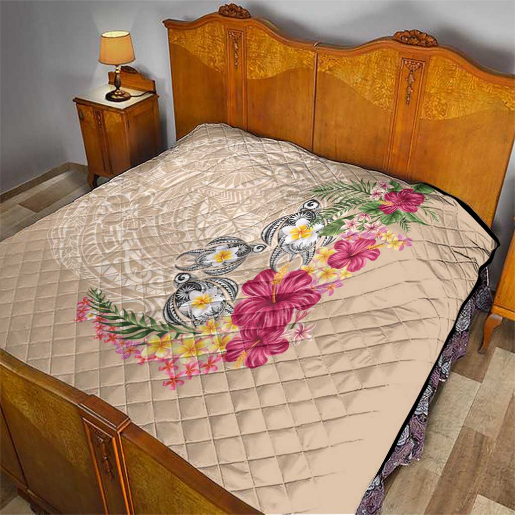 Hawaiian Tropical Flowers and Tribal Turtles Quilt Polynesian Art Motifs Beige Color LT03 - Polynesian Pride