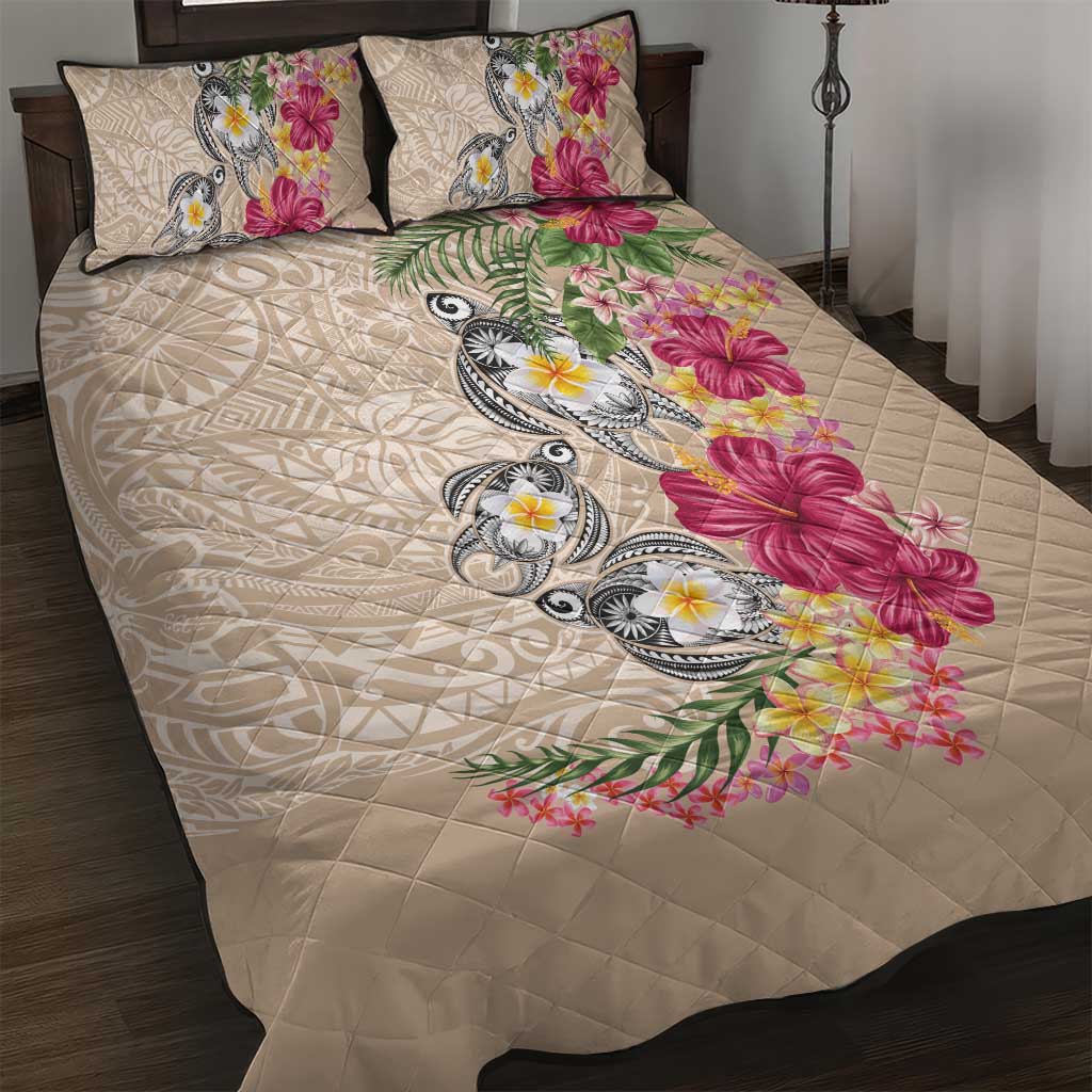 Hawaiian Tropical Flowers and Tribal Turtles Quilt Bed Set Polynesian Art Motifs Beige Color LT03 Beige - Polynesian Pride