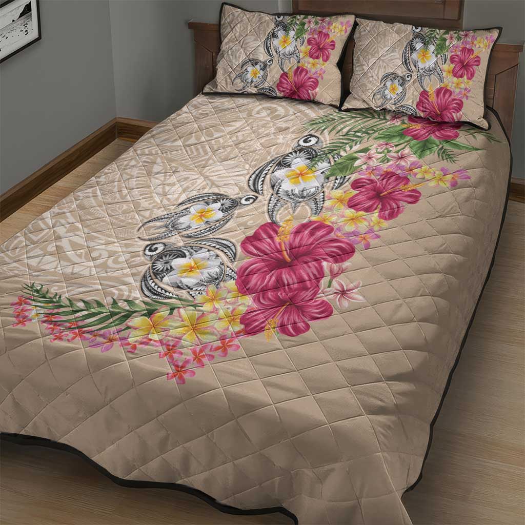 Hawaiian Tropical Flowers and Tribal Turtles Quilt Bed Set Polynesian Art Motifs Beige Color LT03 - Polynesian Pride
