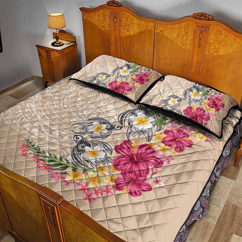 Hawaiian Tropical Flowers and Tribal Turtles Quilt Bed Set Polynesian Art Motifs Beige Color LT03 - Polynesian Pride