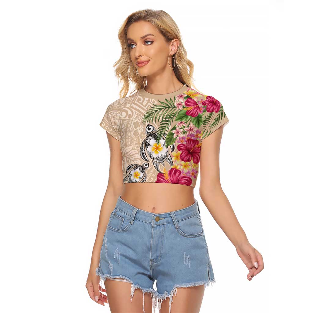 Hawaiian Tropical Flowers and Tribal Turtles Raglan Cropped T Shirt Polynesian Art Motifs Beige Color LT03 Female Beige - Polynesian Pride