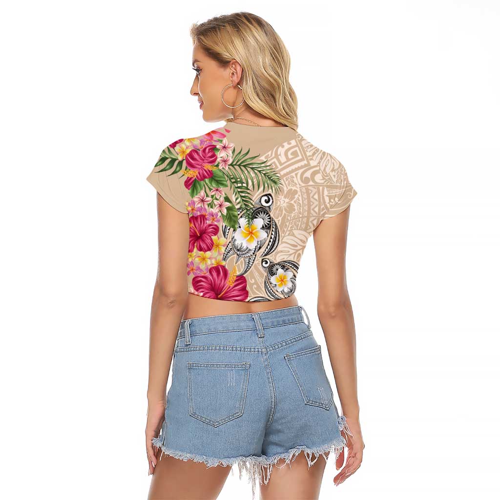 Hawaiian Tropical Flowers and Tribal Turtles Raglan Cropped T Shirt Polynesian Art Motifs Beige Color LT03 - Polynesian Pride