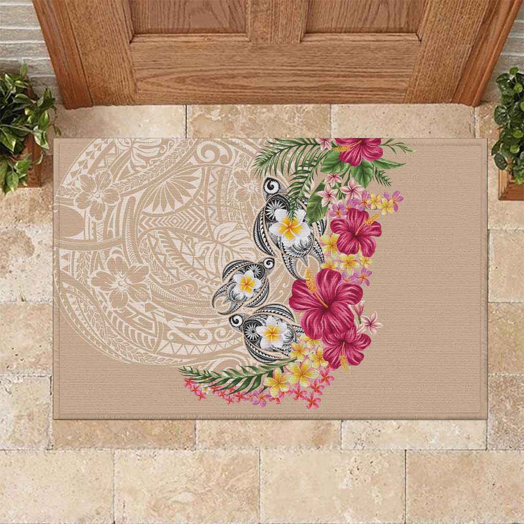 Hawaiian Tropical Flowers and Tribal Turtles Rubber Doormat Polynesian Art Motifs Beige Color LT03 Beige - Polynesian Pride
