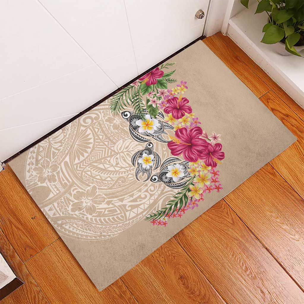 Hawaiian Tropical Flowers and Tribal Turtles Rubber Doormat Polynesian Art Motifs Beige Color LT03 - Polynesian Pride