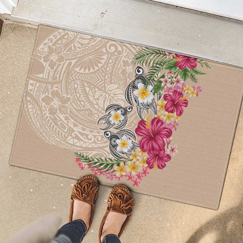 Hawaiian Tropical Flowers and Tribal Turtles Rubber Doormat Polynesian Art Motifs Beige Color LT03 - Polynesian Pride