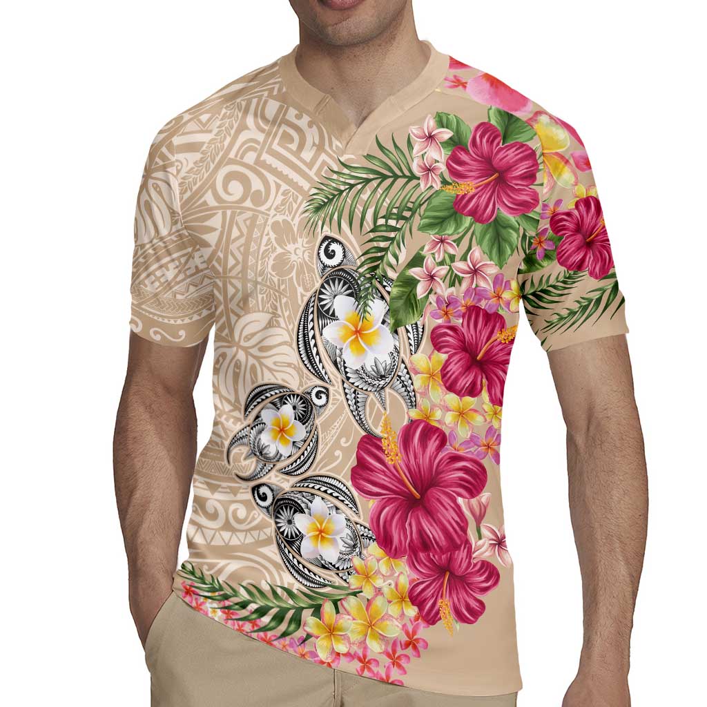 Hawaiian Tropical Flowers and Tribal Turtles Rugby Jersey Polynesian Art Motifs Beige Color LT03 - Polynesian Pride