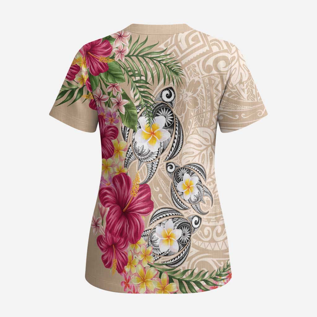 Hawaiian Tropical Flowers and Tribal Turtles Scrub Top Polynesian Art Motifs Beige Color LT03 - Polynesian Pride