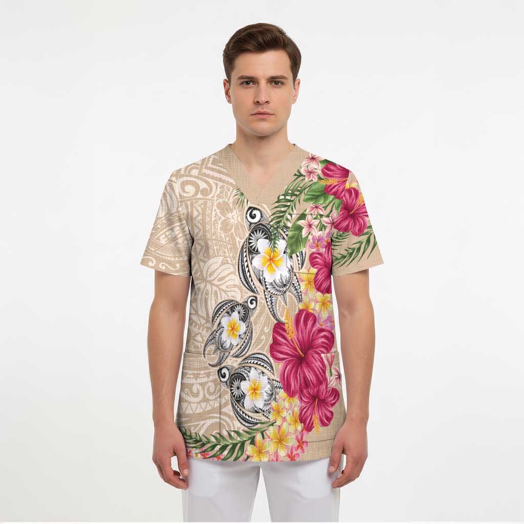 Hawaiian Tropical Flowers and Tribal Turtles Scrub Top Polynesian Art Motifs Beige Color LT03 - Polynesian Pride