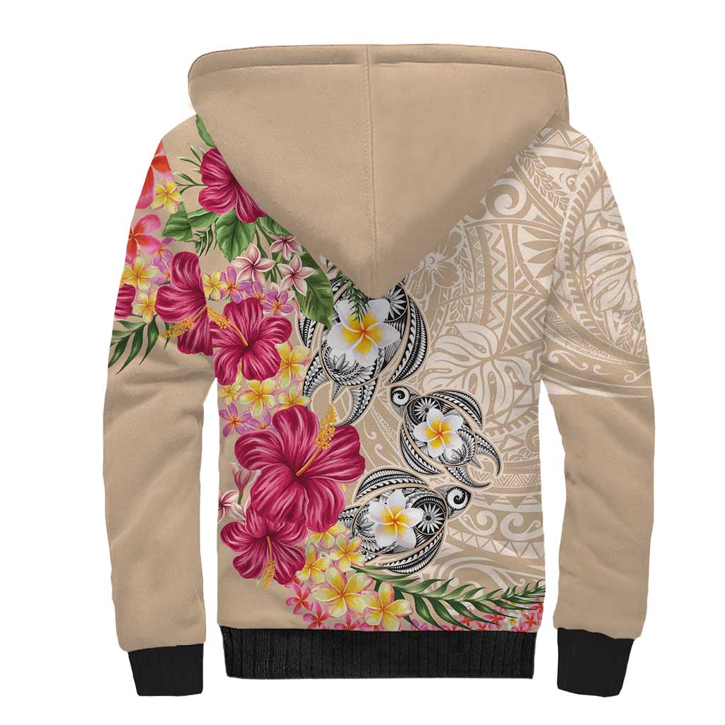 Hawaiian Tropical Flowers and Tribal Turtles Sherpa Hoodie Polynesian Art Motifs Beige Color LT03 - Polynesian Pride