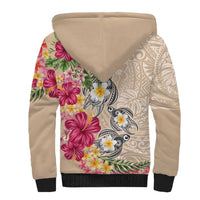 Hawaiian Tropical Flowers and Tribal Turtles Sherpa Hoodie Polynesian Art Motifs Beige Color LT03 - Polynesian Pride