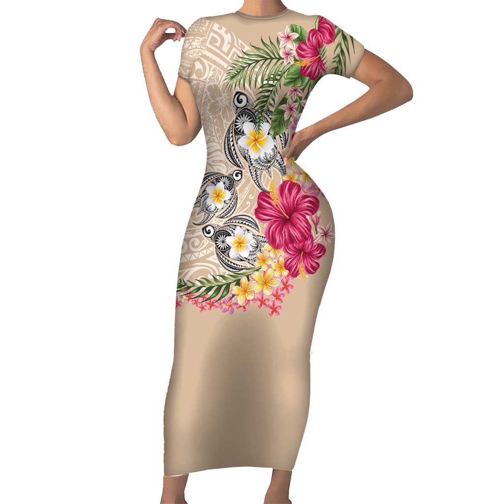 Hawaiian Tropical Flowers and Tribal Turtles Short Sleeve Bodycon Dress Polynesian Art Motifs Beige Color LT03 Long Dress Beige - Polynesian Pride