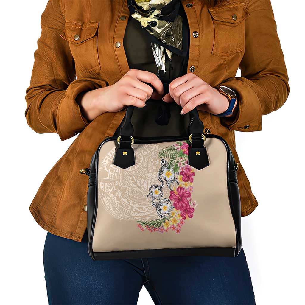 Hawaiian Tropical Flowers and Tribal Turtles Shoulder Handbag Polynesian Art Motifs Beige Color LT03 - Polynesian Pride