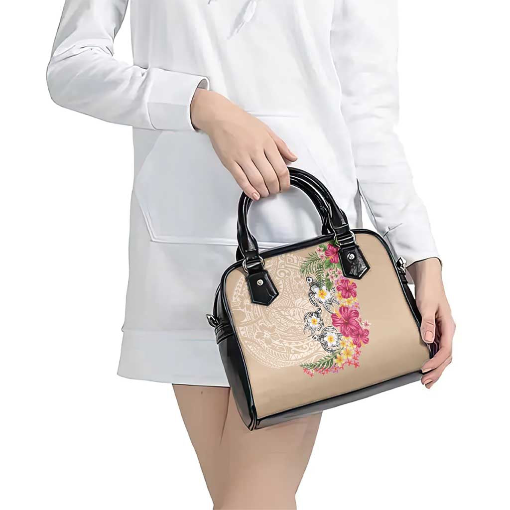Hawaiian Tropical Flowers and Tribal Turtles Shoulder Handbag Polynesian Art Motifs Beige Color LT03 - Polynesian Pride
