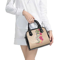 Hawaiian Tropical Flowers and Tribal Turtles Shoulder Handbag Polynesian Art Motifs Beige Color LT03 - Polynesian Pride