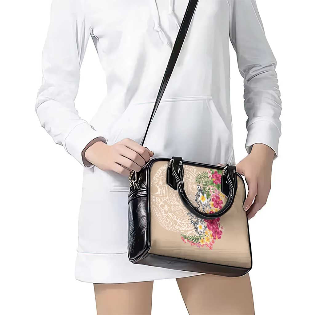 Hawaiian Tropical Flowers and Tribal Turtles Shoulder Handbag Polynesian Art Motifs Beige Color LT03 - Polynesian Pride