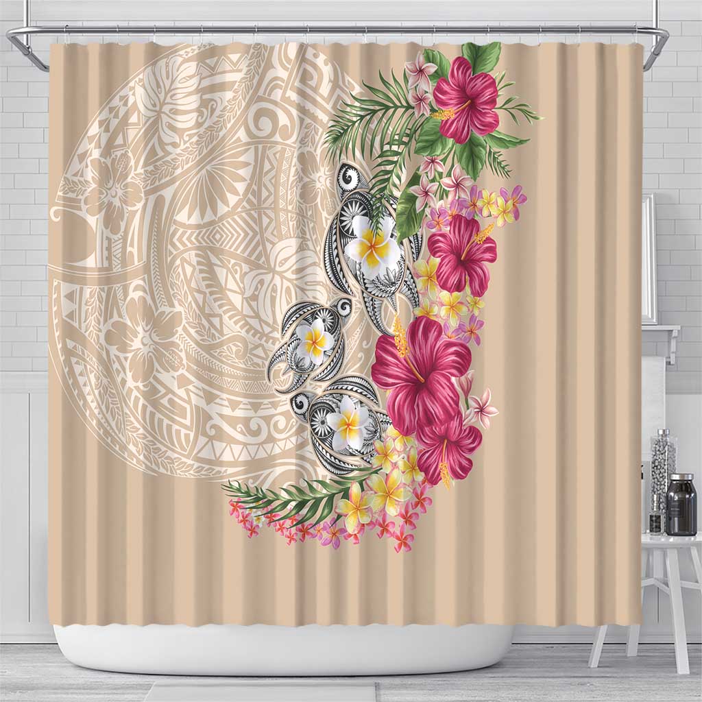 Hawaiian Tropical Flowers and Tribal Turtles Shower Curtain Polynesian Art Motifs Beige Color LT03 - Polynesian Pride
