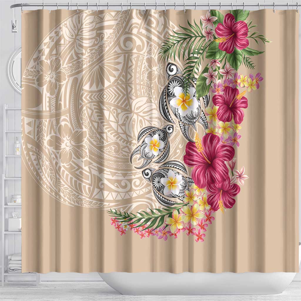 Hawaiian Tropical Flowers and Tribal Turtles Shower Curtain Polynesian Art Motifs Beige Color LT03 - Polynesian Pride